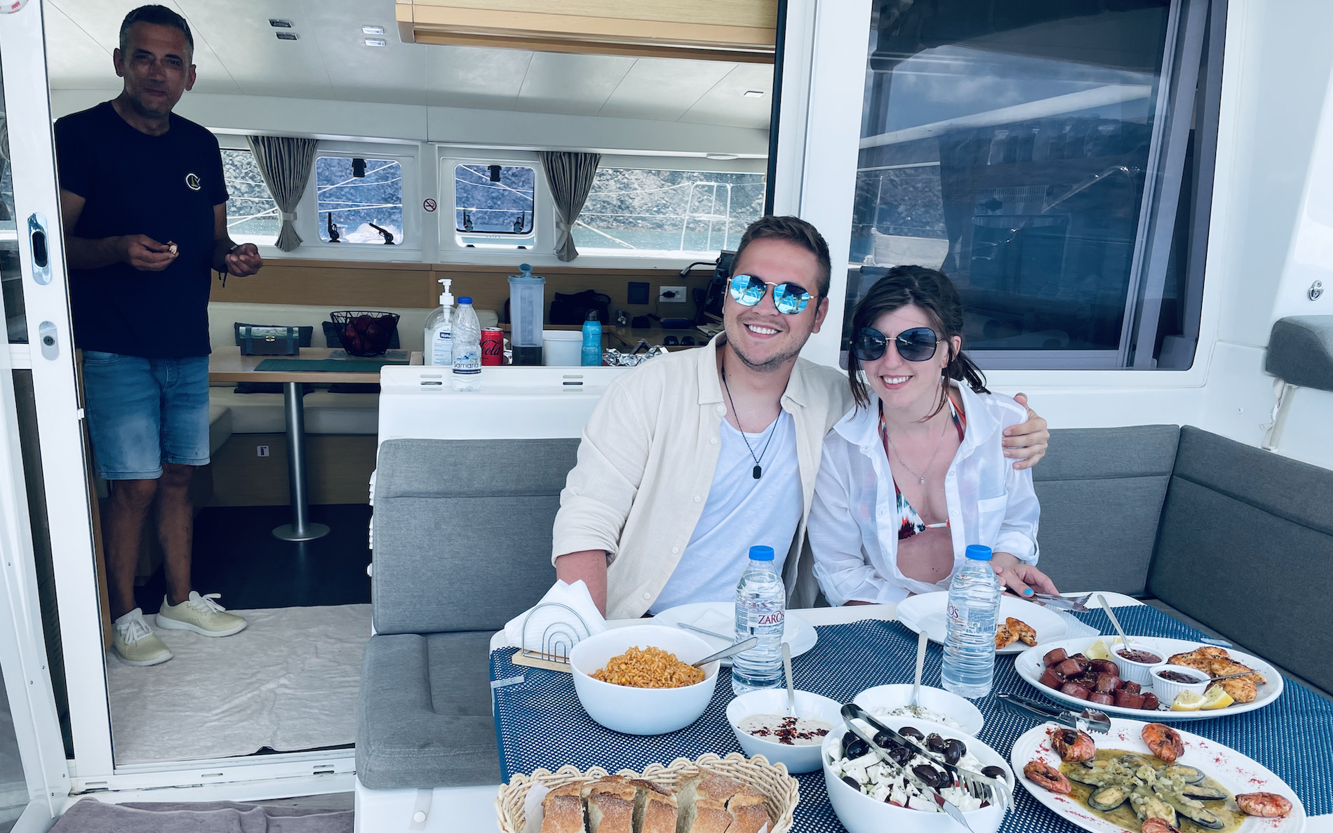 Nathan Winch on private yacht with chef Mike - Santorini